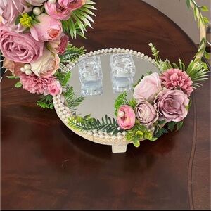 Round Mirrored Tray with Pink Floral Accents